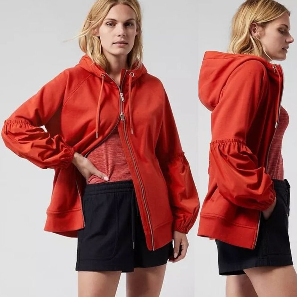 ATHLETA On My Way Triumph Hoodie Jacket Women’s M Red Rust Lantern Sleeve $139 - Picture 1 of 16
